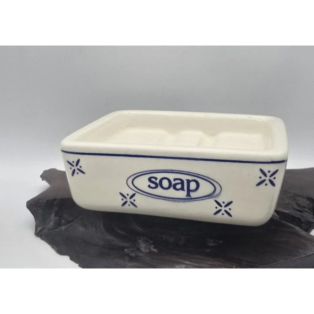 Vintage Blue & White Chunky Ceramic Soap Dish ~ Farmhouse Cottage